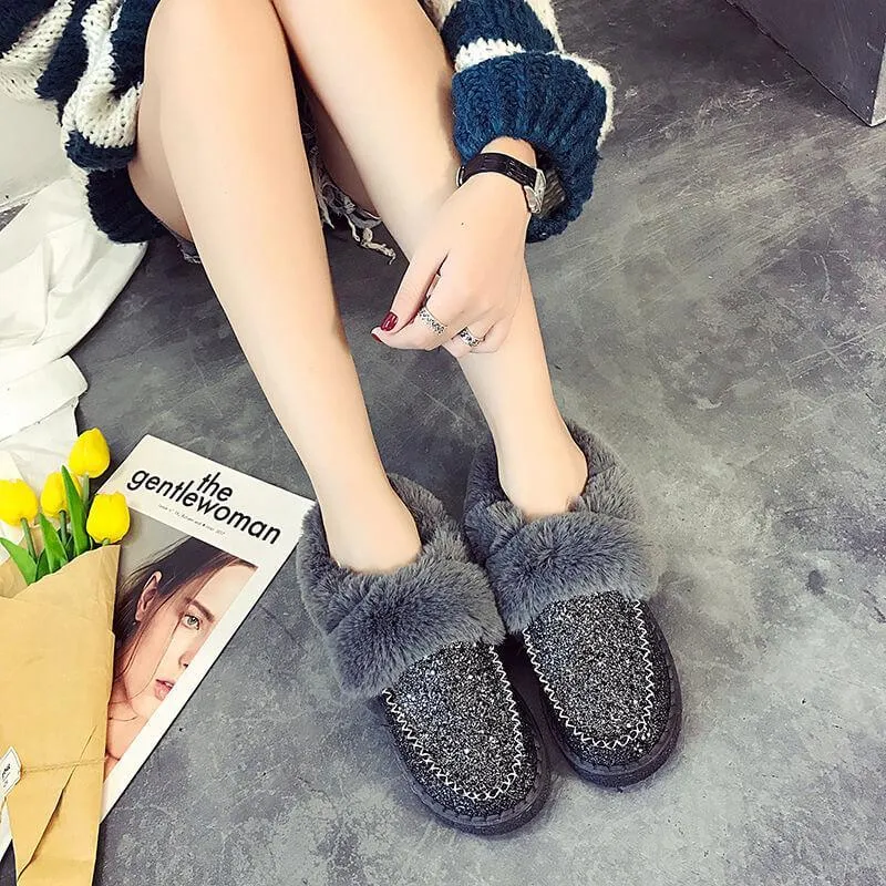 Snow Glitter Fur Low Heel Rivet Boots