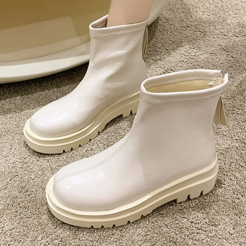 Soft Leather Platform Ankle Boots with Back Zipper
